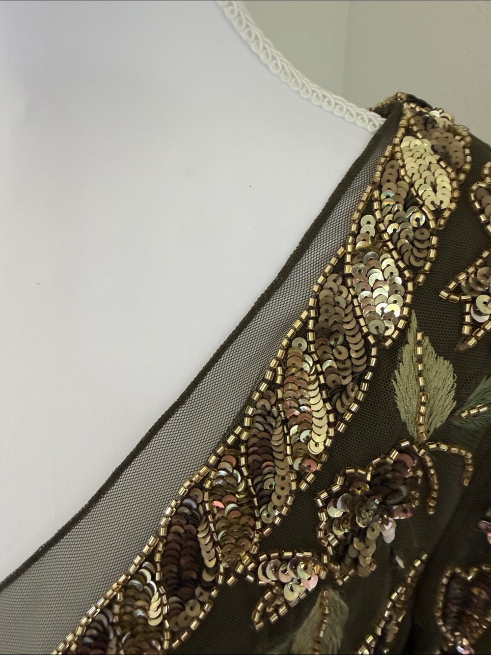 Adrianna Papell Olive Green Maxi Gown with Gold Beading - sold out - Picture 11 of 16